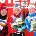 Final women's 30km FR podium (l-r) Kowalczyk 2nd, Johaug 1st, Tchekaleva 3rd [P] Nordic Focus