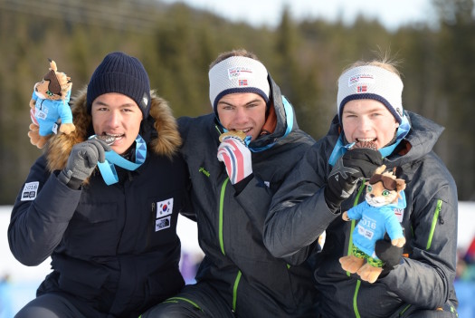 Winners of the Cross-Country Skiing Men's Sprint Classic 1st Thomas Helland Larsen NOR 2nd Magnus Kim KOR 3rd Vebjoern Hegdal NOR during the Winter Youth Olympic Games, Lillehammer Norway, 16 February 2016. [P] YIS/IOC
