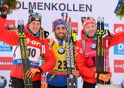 (l-r) , Dominik Landertinger (AUT), Martin Fourcade (FRA) and Simon Eder (AUT) [P] Nordic Focus