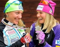 "Silver medalist Jessie Diggins and bronze medalist Caitlin Gregg at Falun 2015 FIS Nordic World Ski Championships. (U.S. Ski Team - Tom Kelly)"