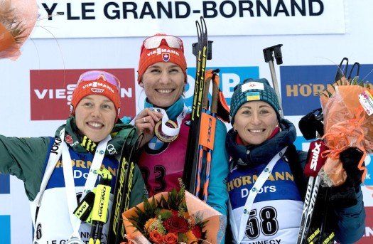 Women's final podium (l-r) Dahlmeier 2nd, Kuzmina 1st, Semerenko 3rd [P] Nordic Focus