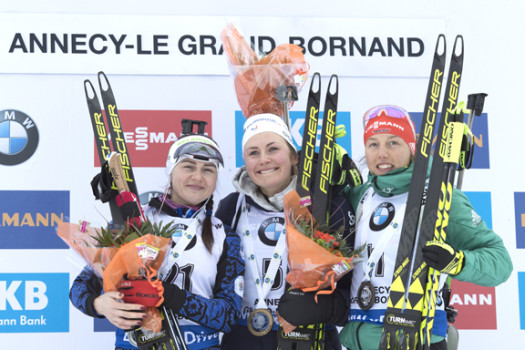 Women's podium (l-r) Kryuko 2nd, Braisaz 1st, Dahlmeier 3rd [P] Nordic Focus