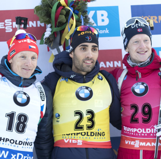 Men's podium (l-r) Moravec 2nd, Fourcade 1st, Boe 3rd [P] Nordic Focus
