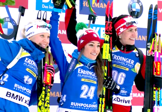 Women's podium (l-r) Makarainen 2nd, Wierer 1st, Crawford 3rd [P] Nordic Focus