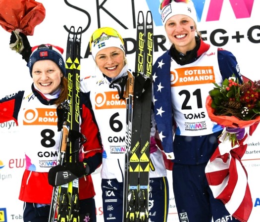 Women's Skiathlon podium (l-r) Johansen 2nd, Karlsson 1st, Swirbul 3rd [P] jwsc2018