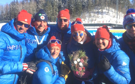 Chloe Levins (3rd from right) is surrounded by coaches and staff after finishing 6th [P] U.S. Biathlon