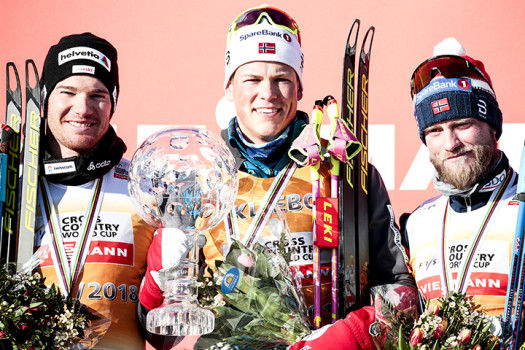 Final WCup podium (l-r) Dario Cologna (SUI), Johannes Hoesflot Klaebo (NOR), Martin Johnsrud Sundby (NOR) [P] NordicFocus