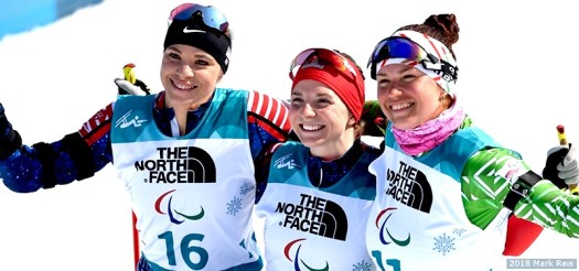 Women's historic biathlon Sit-ski podium (l-r) Oksana Masters (USA), Kendall Gretsch (USA), Lidziya Hrafeyeva (Belarus) [P] Mark Reis