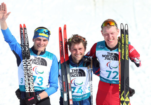 Men's 12.5km Standing podium (l-r) Reptyukh 2nd, Daviet 1st, Arendz 3rd [P] Canadian Paralympic Committee