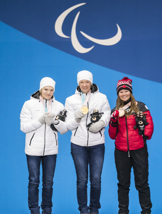 Women's 12.5km standing podium (l-r) Rumyantseva 2nd, Milenina 1st, Hudak 3rd [P] Canadian Paralympic Committee