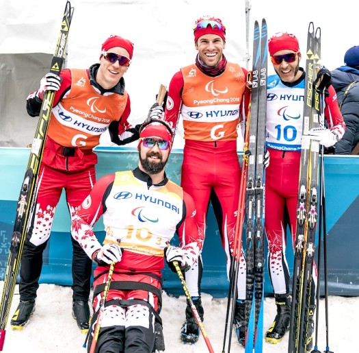 (l-r) Graham Nishikawa (guide), Collin Cameron, Russell Kennedy (guide), Brian McKeever added a bronze medal in open 4x2.5 kilometre relay. [P] Dave Holland/Canadian Paralympic Committee