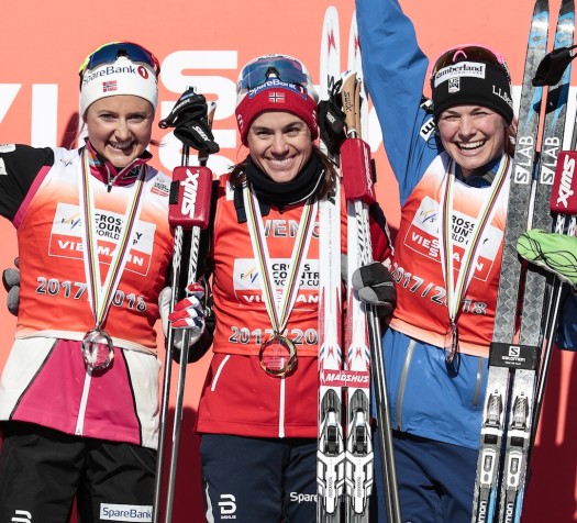 Final overall women's World Cup podium (l-r) Oestberg, Weng, Diggins [P] NordicFocus