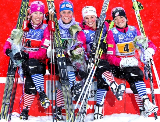 Team USA (l-r) Kikkan Randall, Sadie Bjornsen, Jessica Diggins and Elizabeth Stephen [P] Nordic Focus