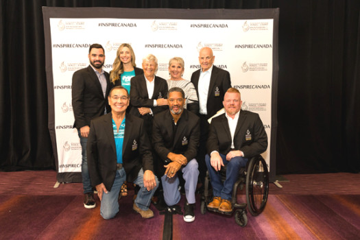 Canadian Sports Hall of Fame Class of 2018: (back l-r) Alexandre Despatie, Chandra Crawford, Dr. Sandra Kirby, Maureen Baker (daughter of Mary Baker) Dave Keon and (front l-r) Wilton Littlechild, Damon Allen and Jeff Adams