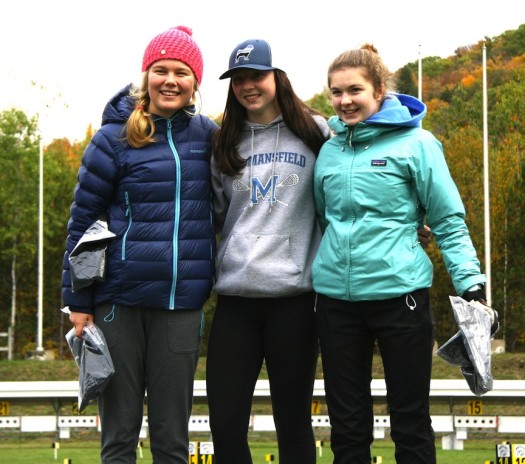 U18 women's podium (l-r): Greta Bolinger (Ford Sayre) 3rd, Sammie Nolan (Mansfield Nordic) 1st, Stella Duncan (Chelsea Nordique) 2nd. [P] Dave Priganc