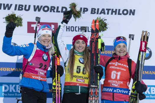Women’s podium (l-r) Makarainen 2nd, Wierer 1st, Yurlova-Percht 3rd [P] Nordic Focus