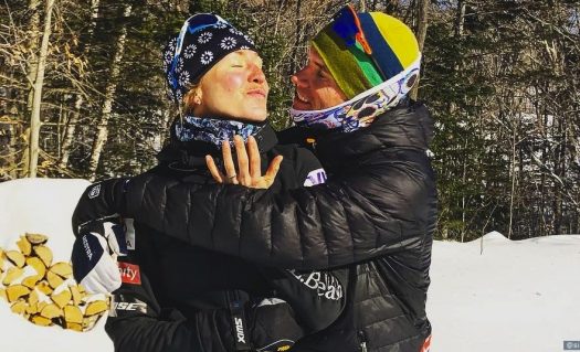 Sophie Caldwell and Simi Hamilton pose for a photo after getting engaged on Jan. 23, 2019 in Vermont. [P] Simi Hamilton