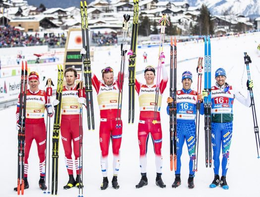 Men’s podium (l-r) Bolshunov, Retivykh , Iversen , Klaebo, Pellegrino, De Fabiani [P] Nordic Focus