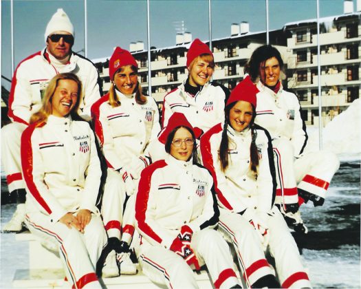 1972 – First Womens OFirst U.S. women’s Olympic team for the 1972 Games in Sapporo, Japan (l-r) Marty Hall (coach), Barbara Chadwick (chaperone), Trina Hosmer, Margie Mahoney, Barbara Britch, Alison Owen [P] Hall Collection