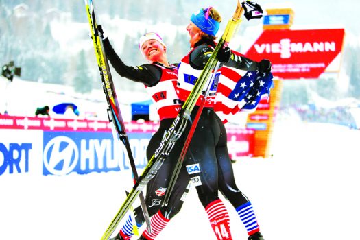 Jessie Diggins and Kikkan Randall combined to win America’s first-ever FIS Nordic World Championship gold in the Team sprint at Val di Fiemme, Italy in 2013 [P] Nordic Focus
