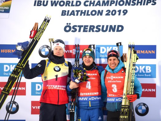 Men’s Pursuit podium (l-r) Boe, Pidruchnyi, Fillon Maillet [P] Nordic Focus