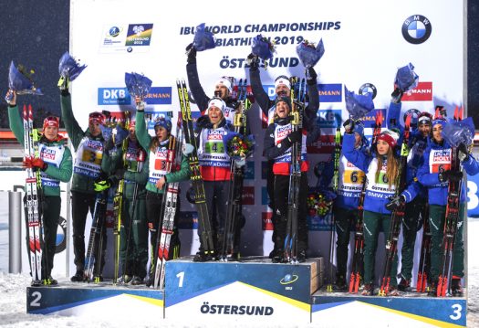 Mixed Relay podium (l-r) Germany 2nd, Norway 1st, Italy 3rd [P] Nordic Focus