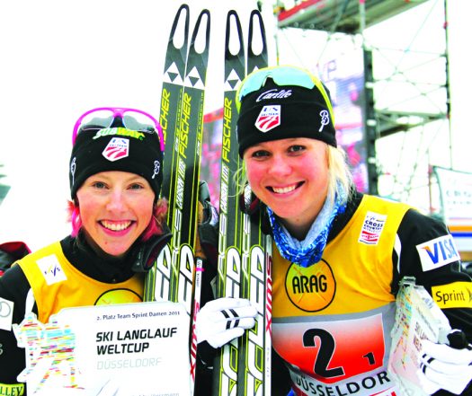 Kikkan Randall (l) and Sadie Bjornsen win silver – the U.S.A.’s first Team Sprint medal [P] Nordic Focus