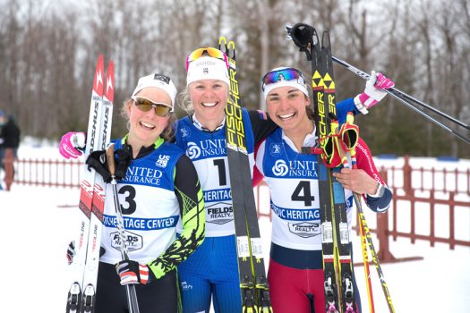 Senior Women’s podium (l-r) Sargent 2nd, Bjornsen 1st, Kern 3rd [P] U.S. Ski & Snowboard – Reese Brown