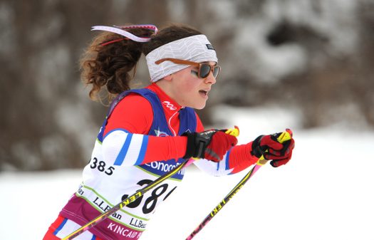 Katrin Schreiner (Saratoga Biathlon/Mid-Atlantic) nears the finish of women’s U16 5K individual freestyle [P] Michael Dinneen