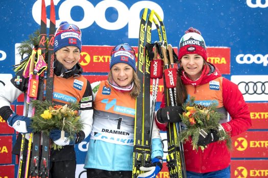 Women’s Sprint Cl podium (l-r) Jacobsen 2nd, Falla 1st, Nepryaeva 3rd [P] Nordic Focus