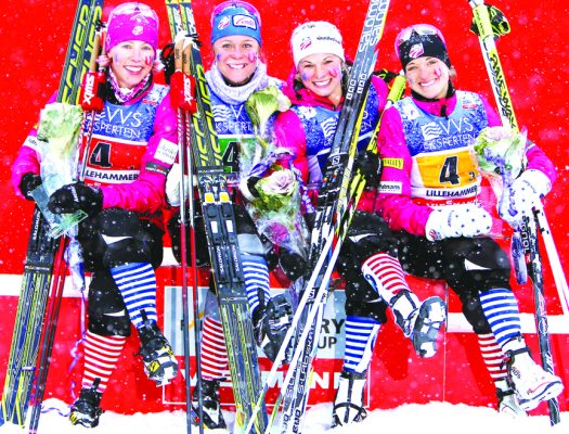 U.S. women’s relay team and their famous socks (l-r) Kikkan Randall, Sadie Bjornsen, Jessica Diggins, Elizabeth Stephen [P] Nordic Focus
