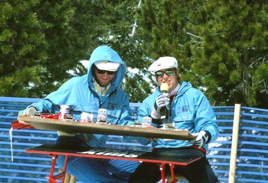 Tom Kelly (l) and Peter Graves announcing at USSA XC Nationals at Royal Gorge, Soda Springs, CA in late 1980’s [P] Gary Larson