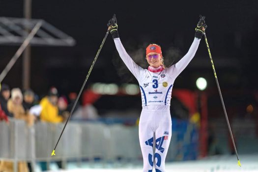 Tara winning at the season start in Steamboat Springs, CO [P] Bed Piper/USA Nordic
