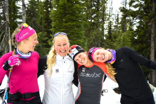 Sadie Bjornsen (left), Hannah Halvorsen, Jessie Diggins, and Hailey Swirbul share some laughs at the first Team USA camp of the season at Mt. Bachelor, Ore. [P] U.S. Ski & Snowboard - Matt Whitcomb