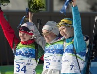 (R-L) Elena Khrustaleva (KAZ), Tora Berger (NOR) and Darya Domracheva (BLR) [P] Heinz Ruckemann
