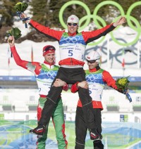 (L-R) Ole Einar Bjoerndalen (NOR), Emil Hegle Svendsen (NOR), Sergey Novikov (BLR) [P] Heinz Ruckemann