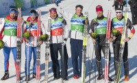 The men’s podium (l-r) Alexy Petukhov and Nikolay Morilov (RUS), Oeystein Pettersen and Petter Northug (NOR) and Axel Teichmann and Tim Tscharnke (GER). [P] Heinz Ruckemann