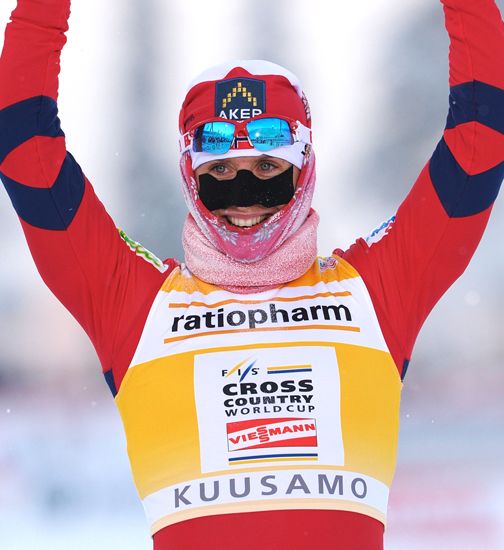 Marit Bjoergen (NOR) claims the Nordic...