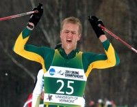 Bjornsen celebrates 20km silver. [P] Herb Swanson