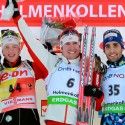 Men’s pursuit podium (l-r) Boe 2nd, Svendsen 1st, Fourcade 3rd. [P] Nordic Focus