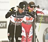 (l-r) Andy Newell (USA) and Stefan Kuhn (CAN) in the 4X10 men’s relay in Oslo. [P] Andy Canniff