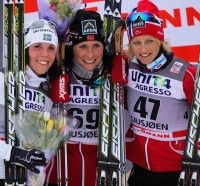 Women’s podium (l-r) Kalla 2nd, Bjoergen 1st, Skofterud 3rd. [P] Nordic Focus