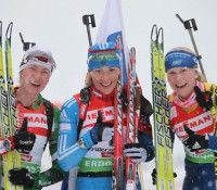 (l-r) Domracheva 3rd, Zaitseva 1st, Ekholm 2nd [P] Nordic Focus