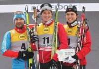 Dusseldforf Men’s Sprint podium (l-r) Petukhov 2nd, Hattestad 1st, Golberg 3rd. [P] Nordic Focus