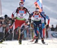 Lowell Bailey (USA) chases Daniel Mesotitsch (AUT) in the men’s pursuit. [P] US Biathlon/Nordic Focus