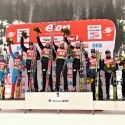 Men’s Relay podium (l-r) Russia 2nd, Norway 1st, France 3rd [P] NordicFocus