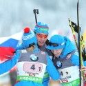 Russia’s Vilukhina, Shipulin and Volkov celebrate. [P] Nordic Focus