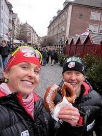 Sharing a fresh German street pretzel with my team sprint teammate, Ida! [P] Holly Brooks