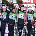 Norwegian Women’s Relay Team celebrate  (l-r) Horn, Ringen, Berger and Solemdal [P] NordicFocus