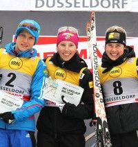 Duesseldorf WCup Sprint podium (l-r) Matveeva 2nd, Randall 1st, van der Graaf 3rd. [P] Nordic Focus